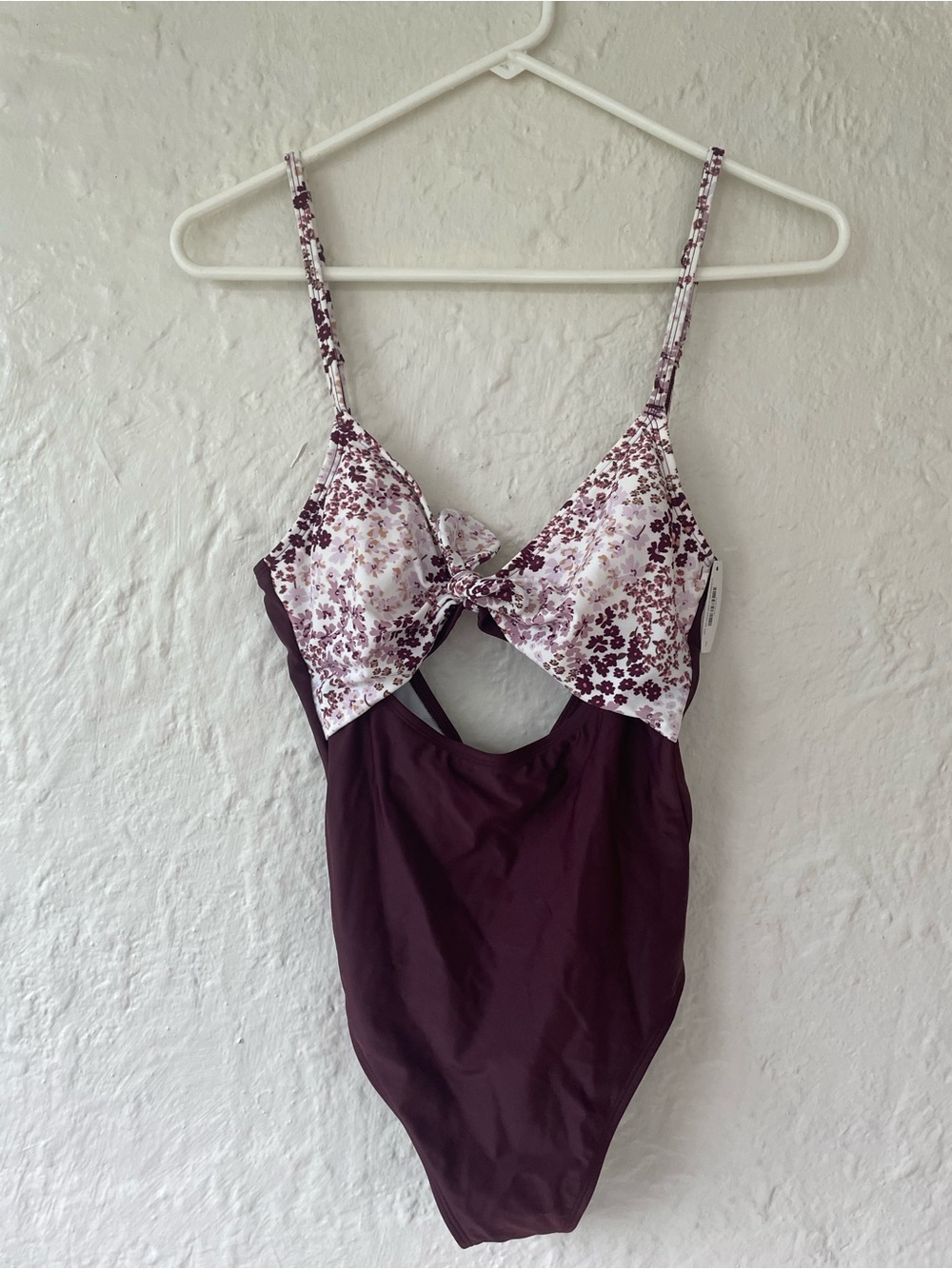 NWT Adore Me burgundy floral one piece swim suit, front/back cut out; size S